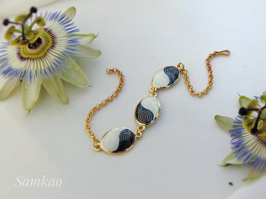 Cloisonné Enamel Bracelet – 24k Gold Plated Sterling Silver Link Bracelet, Adjustable Black and Whitr Jewelry, Handmade Gift for Her