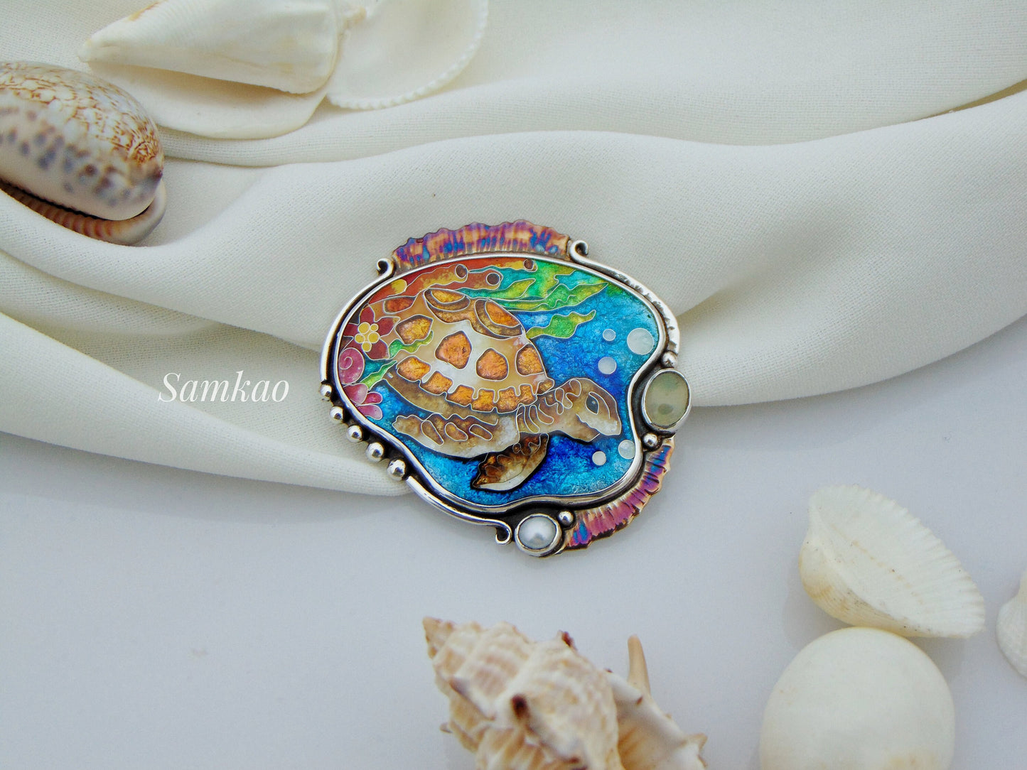 Sea turtle pendant,Georgian cloisonne enamel jewelry,Sterling silver, Moonstone, Mystic topaz,Sea creatures, Turtle jewelry