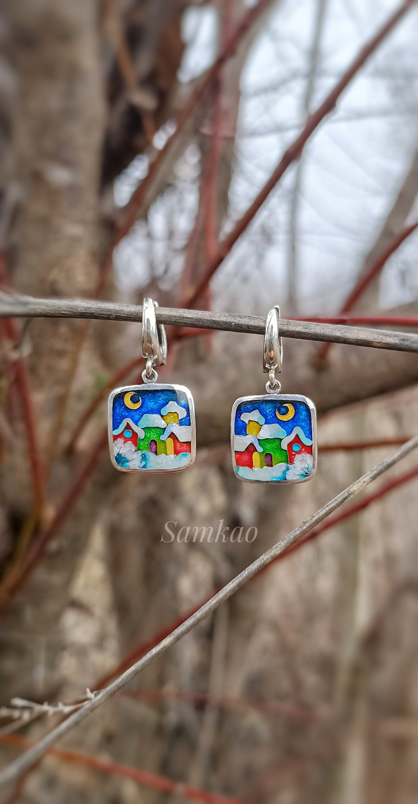 Cloisonne enamel earrings,Fine silver, Sterling silver, Snowy houses, Christmas jewelry,