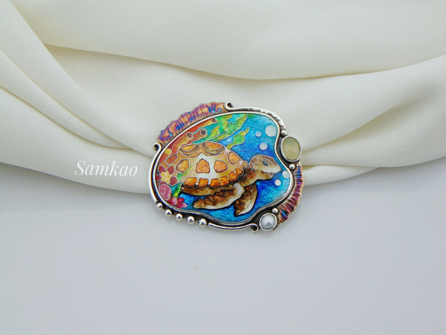 Sea turtle pendant,Georgian cloisonne enamel jewelry,Sterling silver, Moonstone, Mystic topaz,Sea creatures, Turtle jewelry