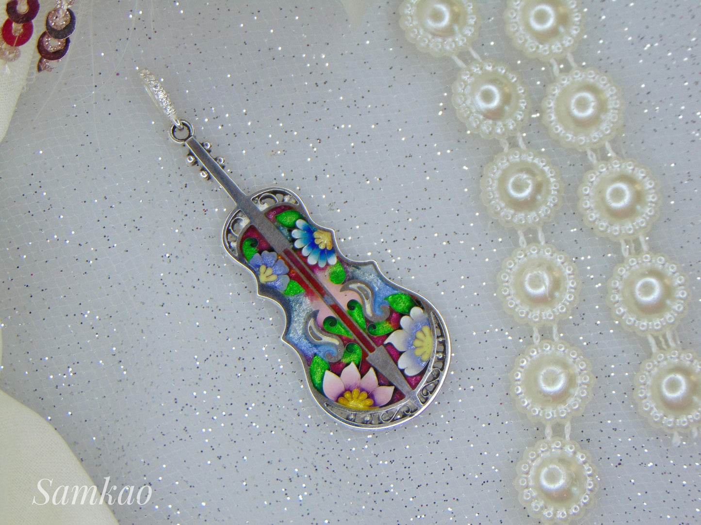 Violin pendant,Cello Pendant,Georgian Cloisonne Enamel,Fine Silver,Violin Brooch,Musical Instrument Jewelry,Gift For Musician