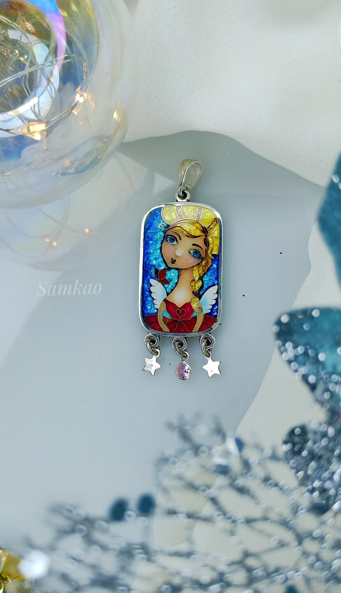 Angel pendant,Georgian cloisonne enamel jewelry,Fine silver 999,Gift for Christmas,Vitreous enamel,