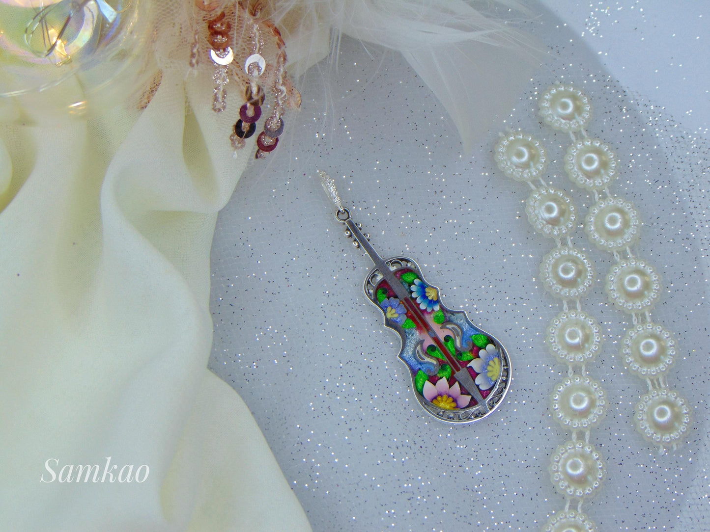 Violin pendant,Cello Pendant,Georgian Cloisonne Enamel,Fine Silver,Violin Brooch,Musical Instrument Jewelry,Gift For Musician