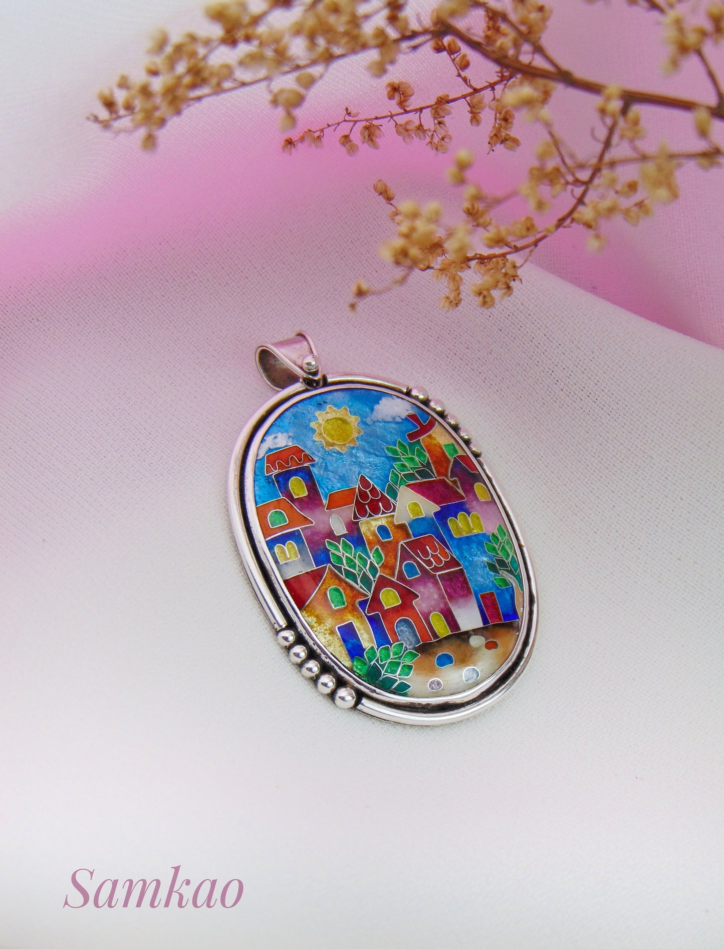Pendant with colorful houses, Cloisonne enamel jewelry, one of a kind cloisonne enamel pendant, gift for her, Sterling silver