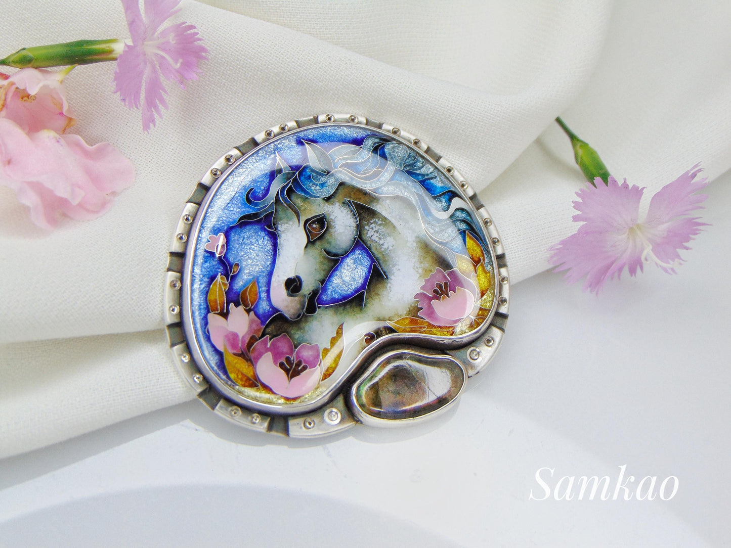 Cloisonné Enamel Horse Pendant with Labradorite – Handmade Silver Necklace – Equestrian Jewelry – Artisan Statement Pendant – One of a Kind
