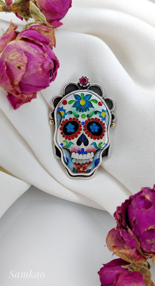 Skull pendant, Calavera skull pendant, Cloisonne enamel, Sterling silver, Sugar skull pendant