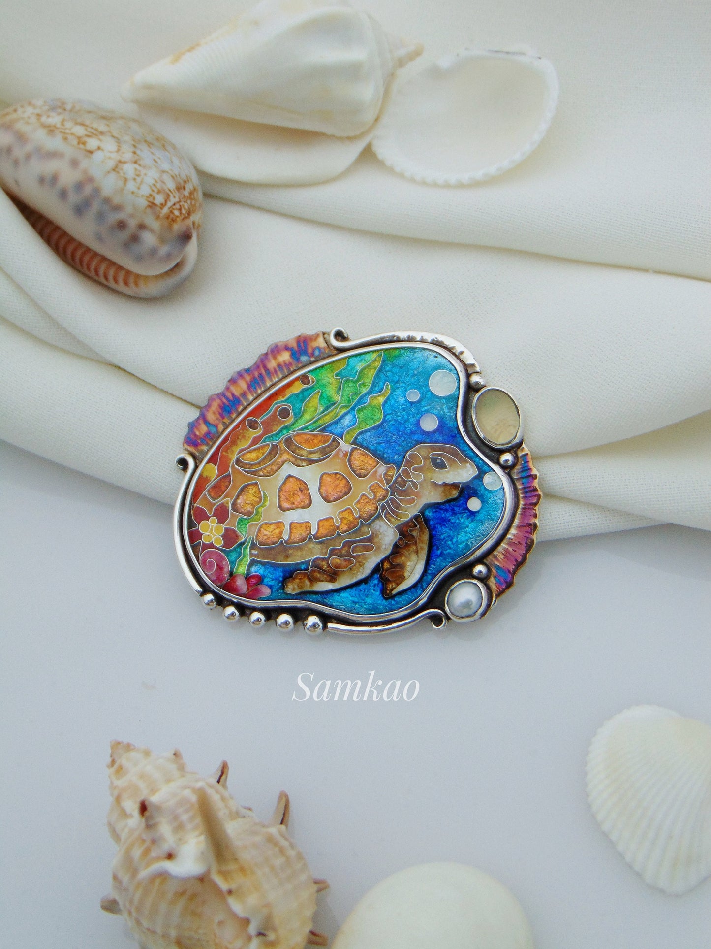 Sea turtle pendant,Georgian cloisonne enamel jewelry,Sterling silver, Moonstone, Mystic topaz,Sea creatures, Turtle jewelry