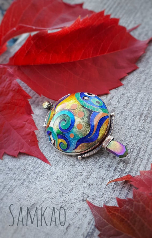 Georgian cloisonne enamel brooch, Handmade , sterling silver jewelry, one of a kind design, gift for her, Cosmos , Unique