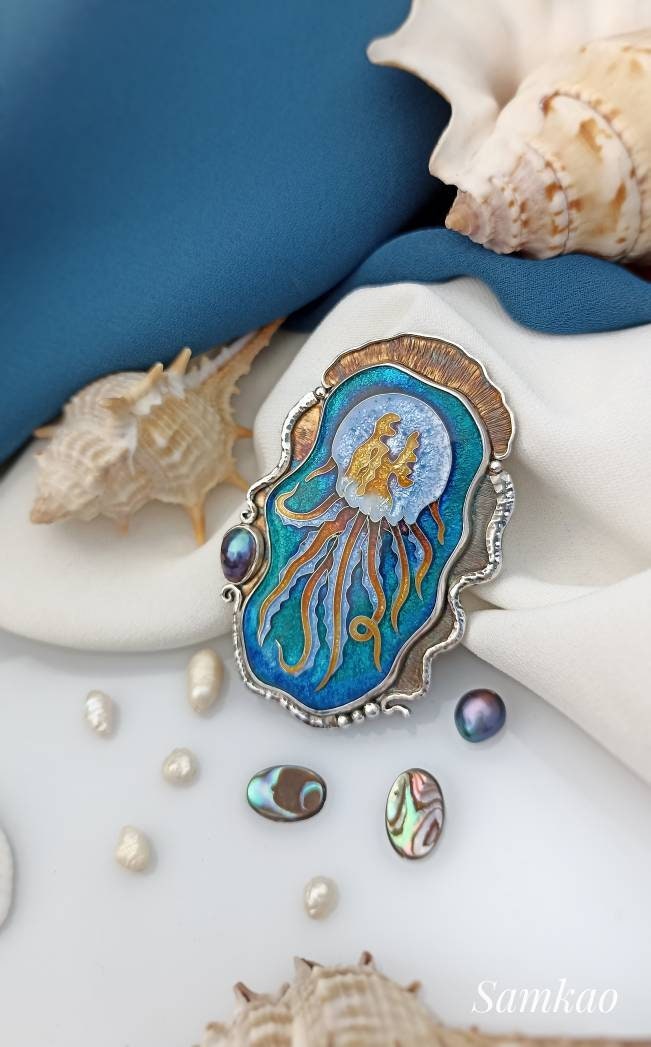 Jellyfish Brooch-pendant,Cloisonne Enamel Pendant,Handmade Sterling Silver jewelry,Sea Creatures jewelry, Mermaid jewelry,Black pearl