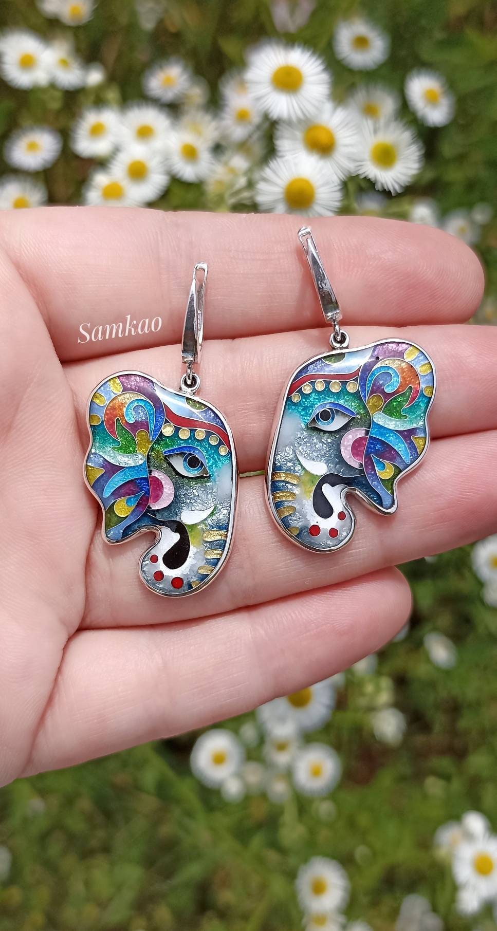Elephant earrings,Cloisonne enamel,Sterling silver,Handmade jewelry,Silver 950,Gift for her,Elephant jewelry, Silver Animal Earrings