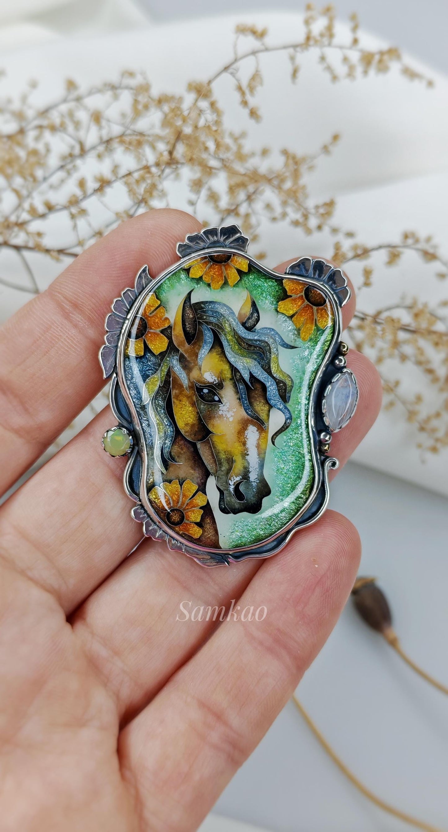 Horse pendant,Cloisonne enamel jewelry, Opals necklace, Horse lover gift, Sunflower pendant, Handmade Sterling silver jewelry