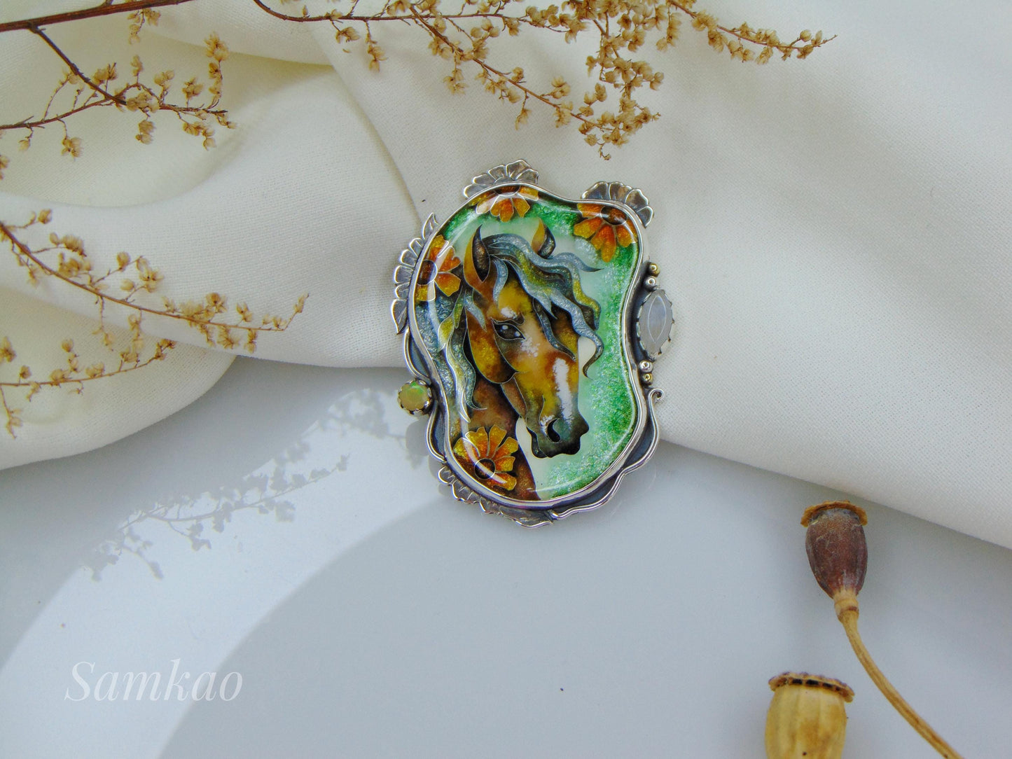 Horse pendant,Cloisonne enamel jewelry, Opals necklace, Horse lover gift, Sunflower pendant, Handmade Sterling silver jewelry