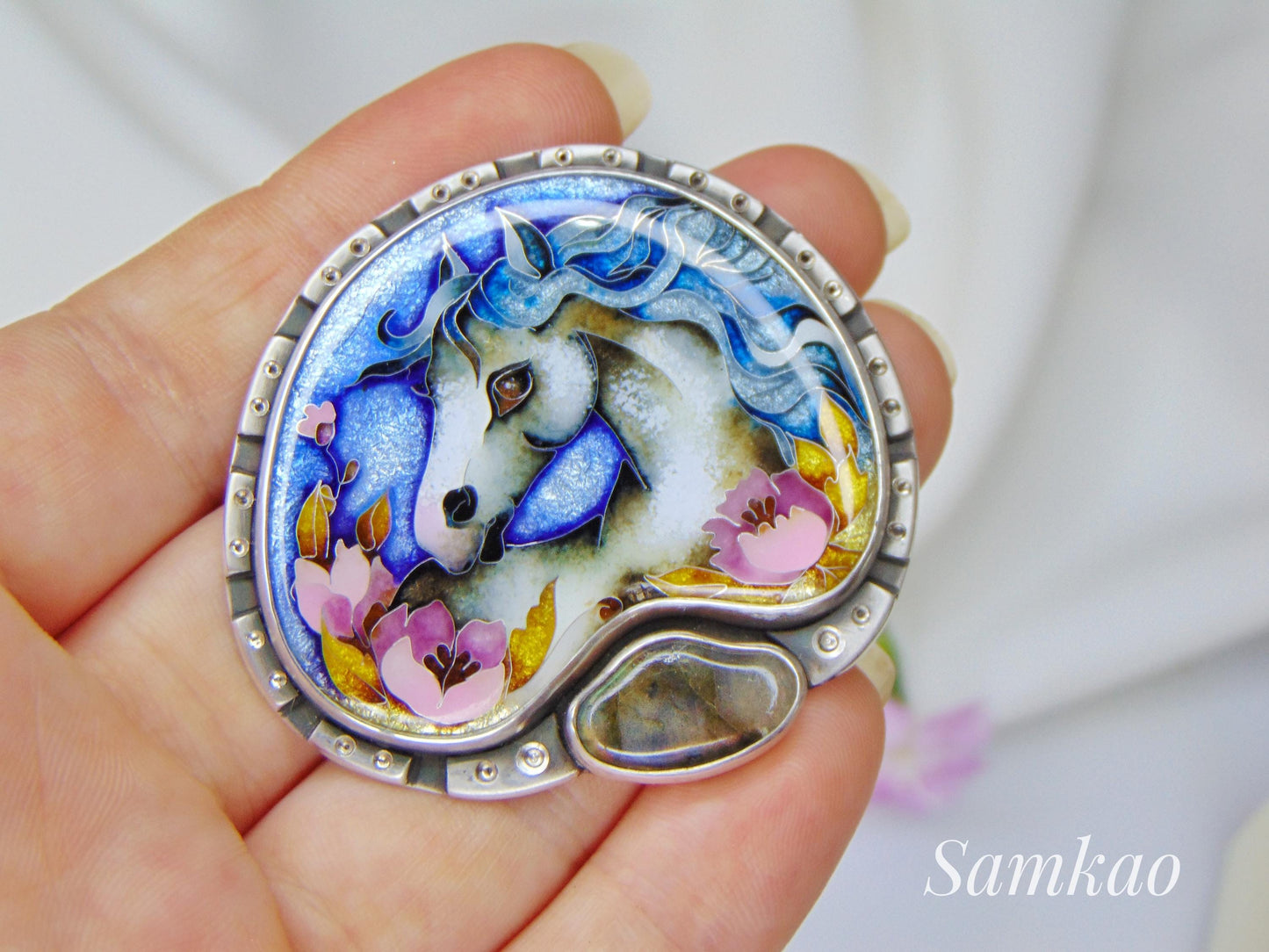 Cloisonné Enamel Horse Pendant with Labradorite – Handmade Silver Necklace – Equestrian Jewelry – Artisan Statement Pendant – One of a Kind