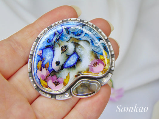 Cloisonné Enamel Horse Pendant with Labradorite – Handmade Silver Necklace – Equestrian Jewelry – Artisan Statement Pendant – One of a Kind