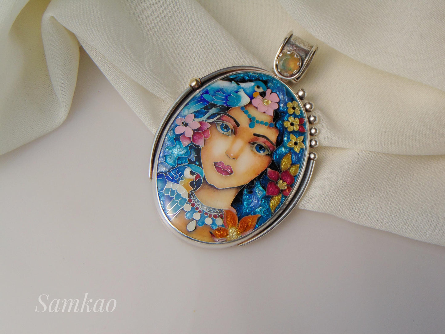 Magic Fairy with blue hair, Flower fairy necklace, Cloisonne enamel jewelry, Sterling silver,Opal,Parrot necklace