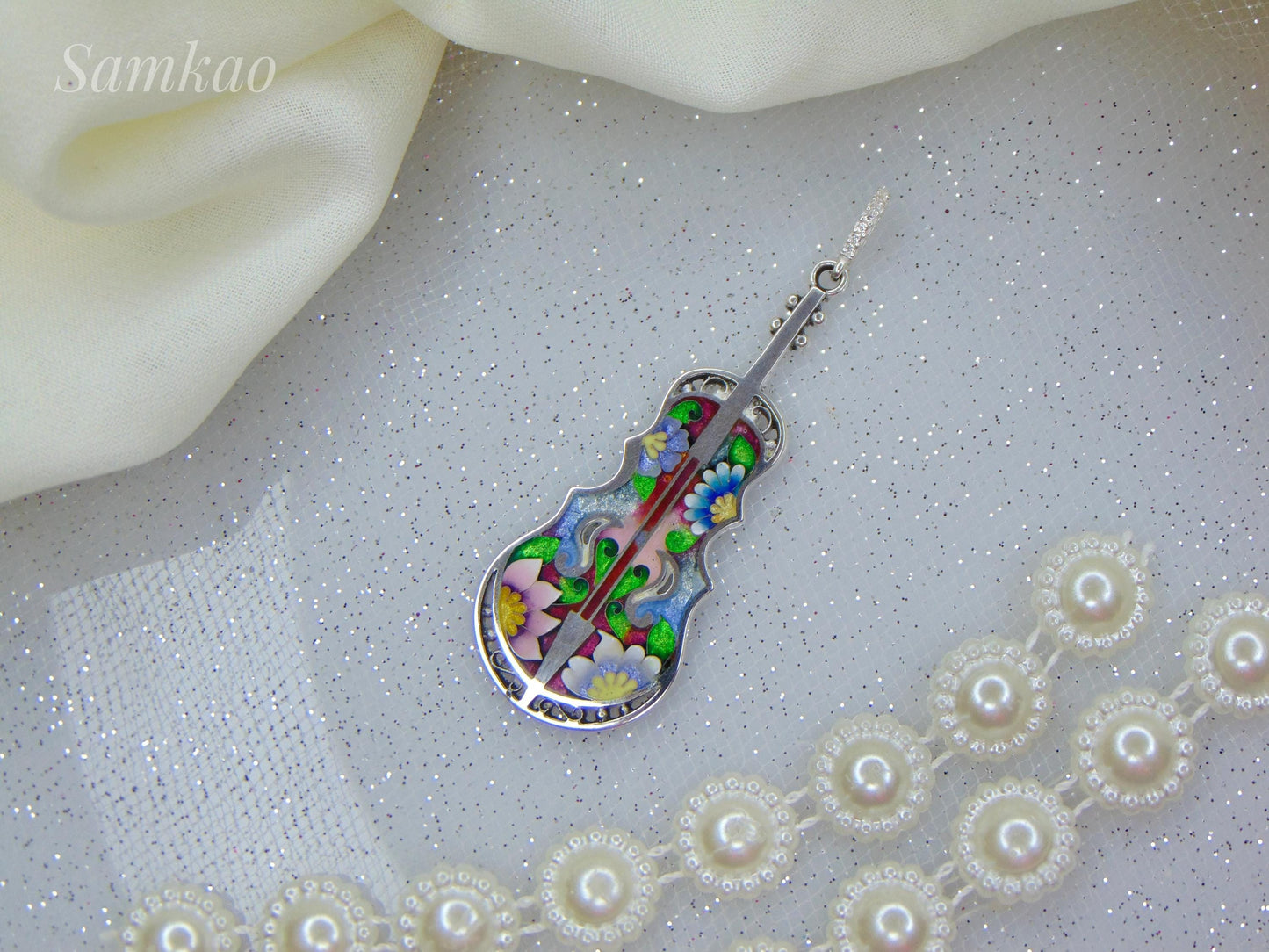 Violin pendant,Cello Pendant,Georgian Cloisonne Enamel,Fine Silver,Violin Brooch,Musical Instrument Jewelry,Gift For Musician