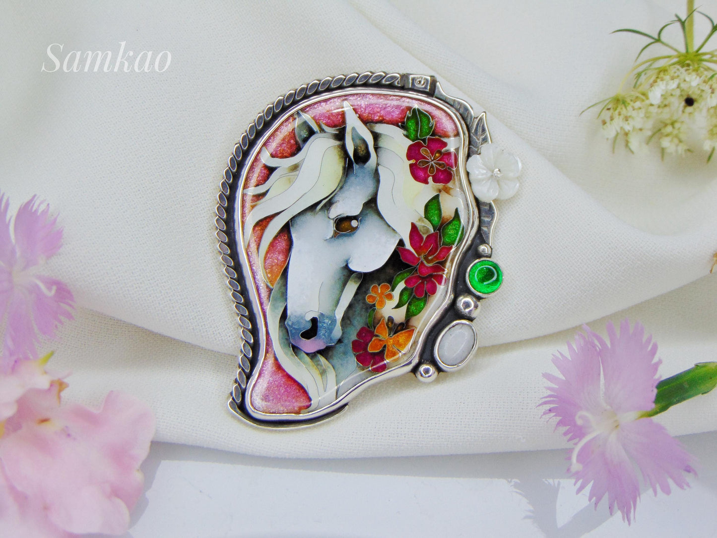 Enamel Horse Pendant – Cloisonné Enamel Art, 950 Silver, Moonstone, Chrysoprase, Mother-of-Pearl Flower
