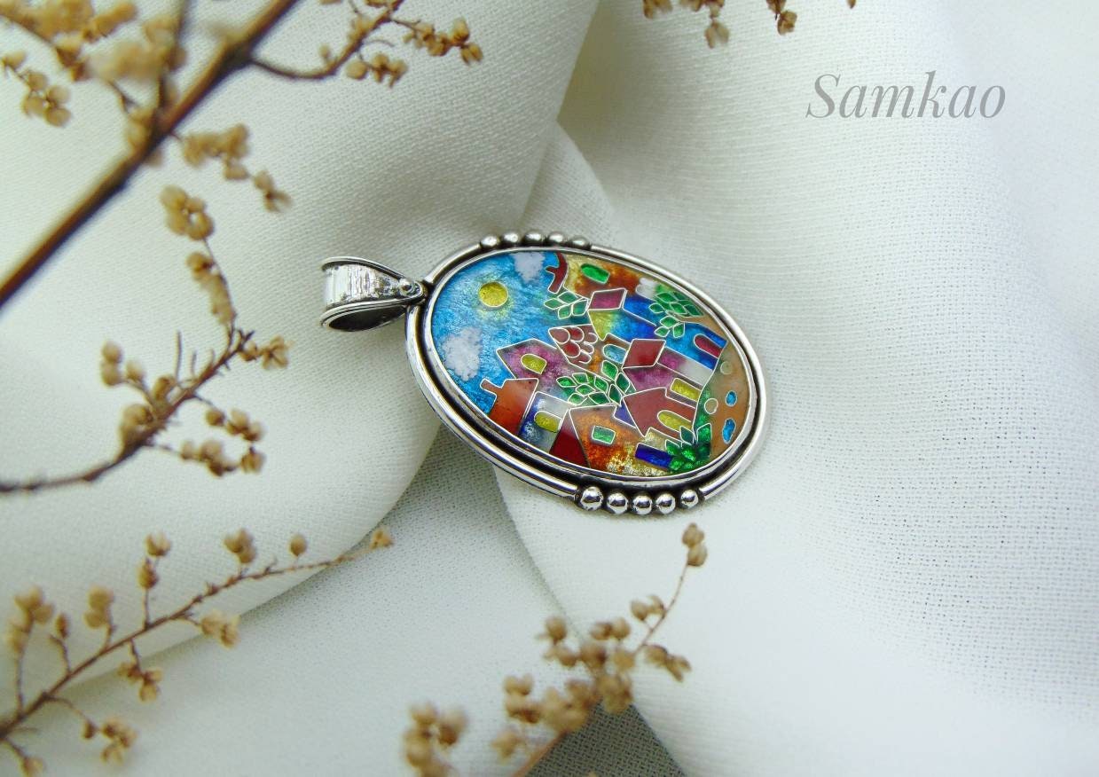Colorful houses, Georgian Cloisonne enamel pendant, Handmade jewelry,Sterling silver 925 , Colorful jewelry,Artisan jewelry