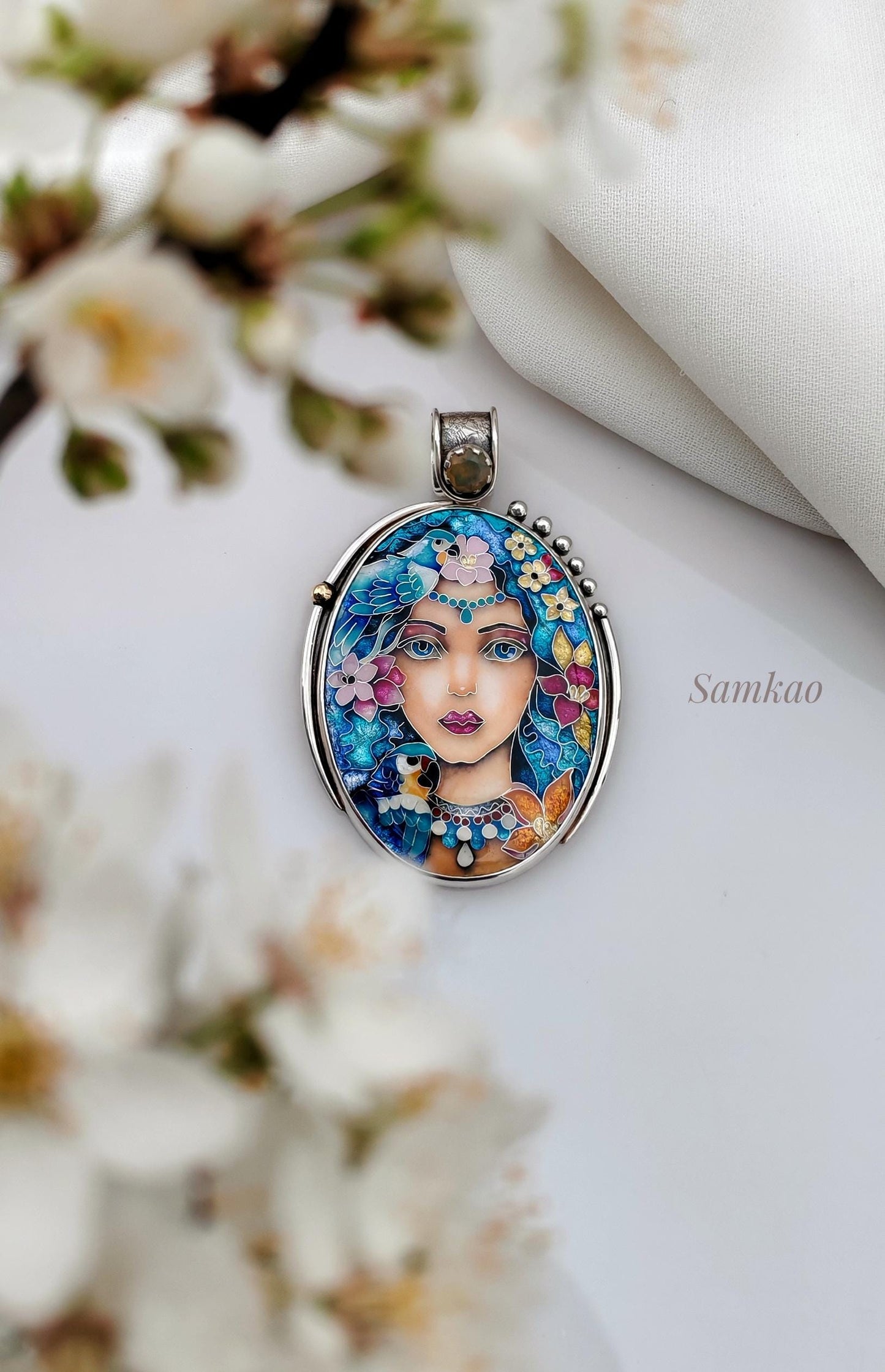Magic Fairy with blue hair, Flower fairy necklace, Cloisonne enamel jewelry, Sterling silver,Opal,Parrot necklace