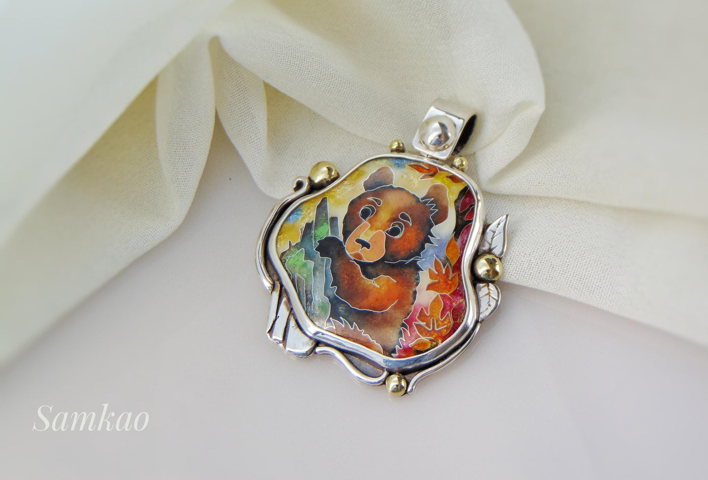 Brown bear pendant, Cloisonne enamel, Sterling silver necklace, Handmade jewelry
