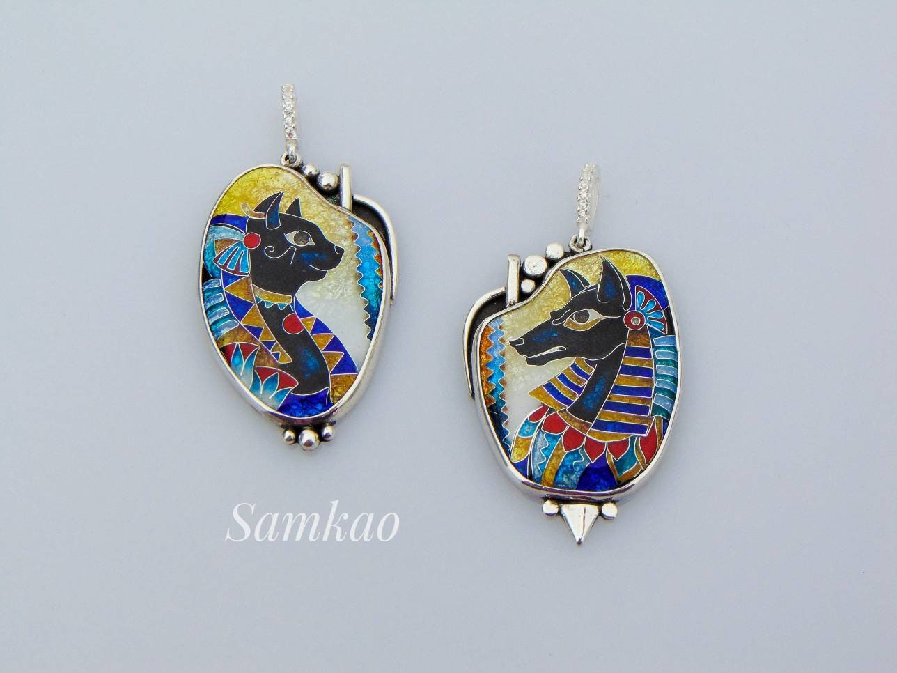 Anubis pendant,Cloisonne enamel,Vitreous enamel,Egyptian god pendant,Sterling silver