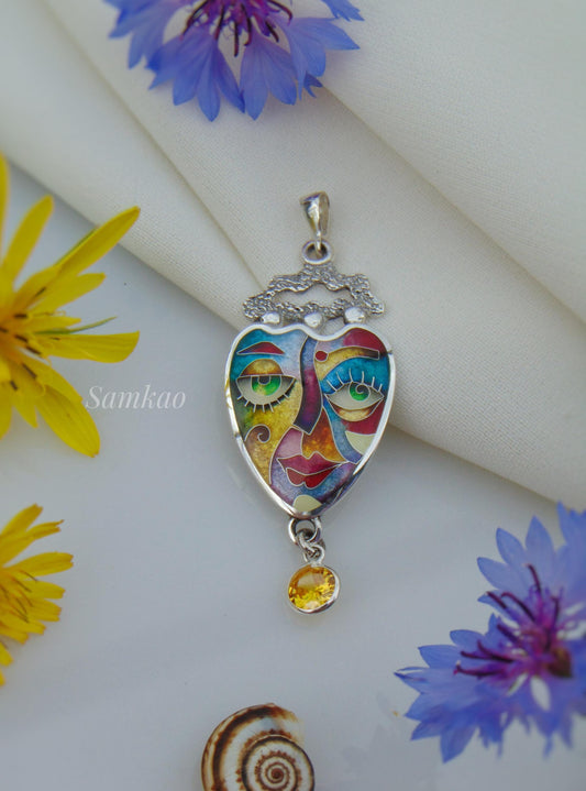 Colorful Cloisonné Enamel Pendant,Abstract Face Jewelry,Handmade Sterling Silver Necklace,Art Jewelry,Gift for Her,Unique Statement piece