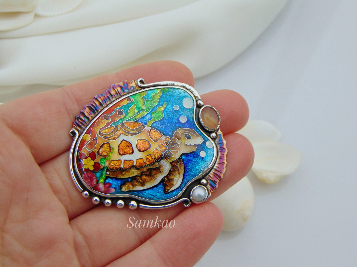 Sea turtle pendant,Georgian cloisonne enamel jewelry,Sterling silver, Moonstone, Mystic topaz,Sea creatures, Turtle jewelry