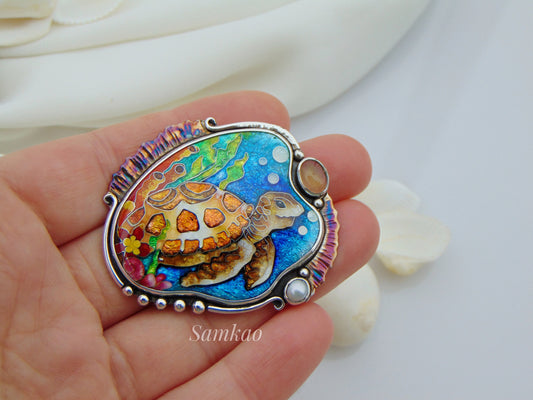 Sea turtle pendant,Georgian cloisonne enamel jewelry,Sterling silver, Moonstone, Mystic topaz,Sea creatures, Turtle jewelry