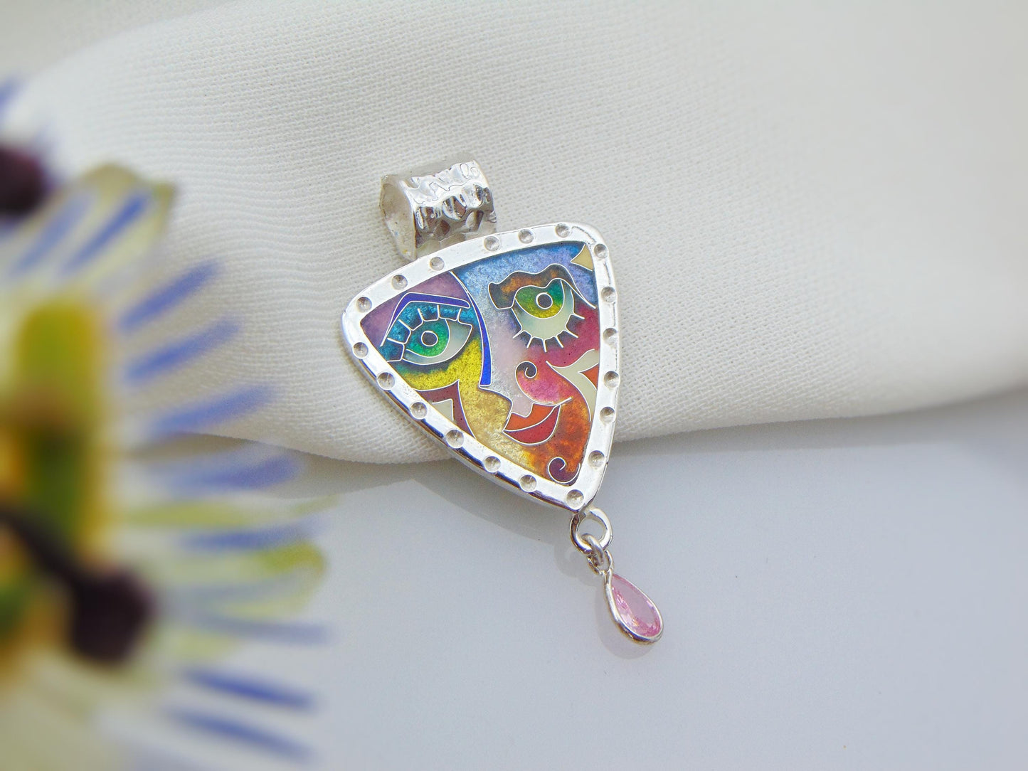 Colorful Cloisonné Enamel Pendant,Abstract Face Jewelry,Handmade Sterling Silver Necklace,Art Jewelry,Gift for Her,Unique Statement piece