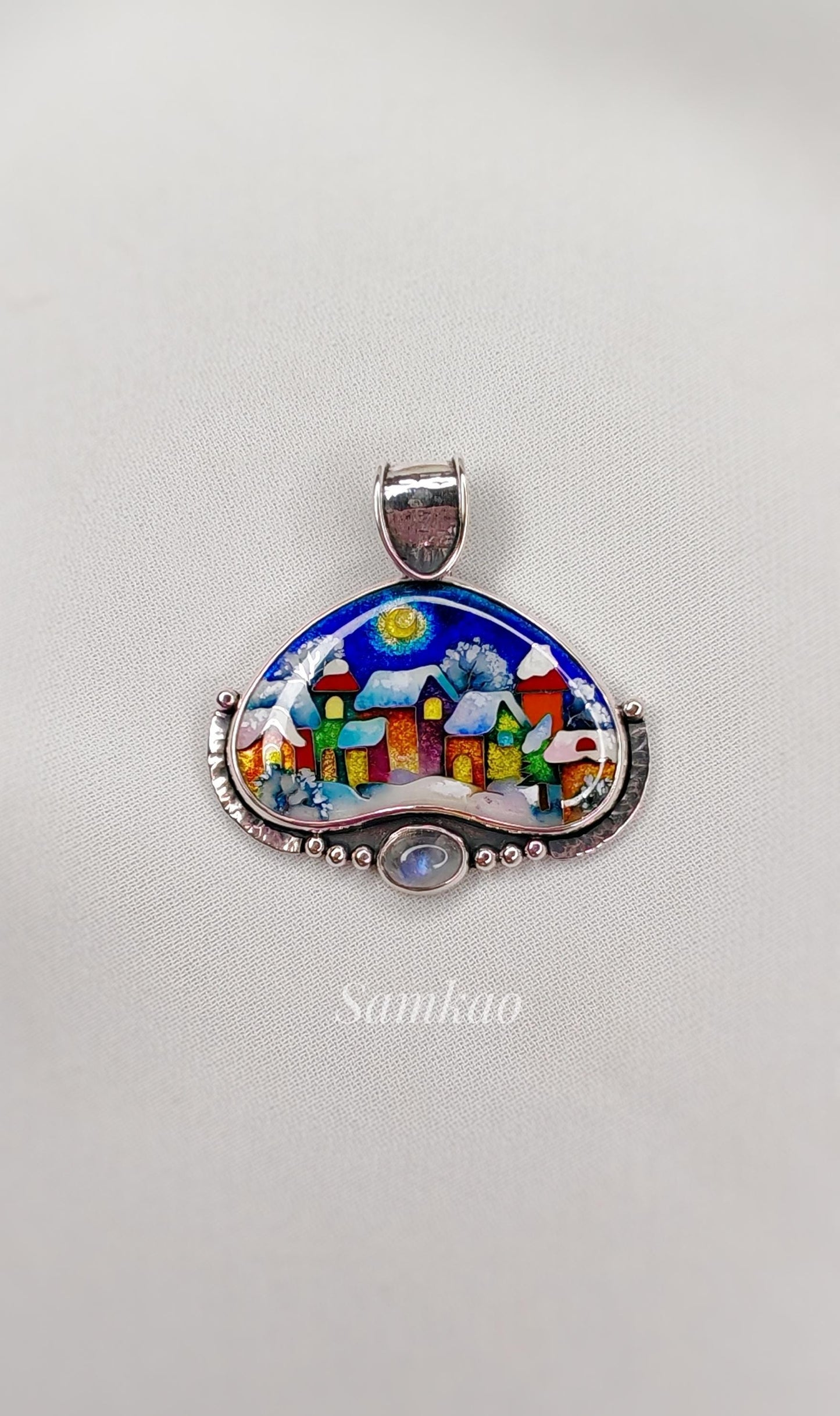 Snowy houses pendant,Christmas jewelry,Sterling silver,Georgian cloisonne enamel,Vitreous enamel,Moonstone pendant,Glass enamel
