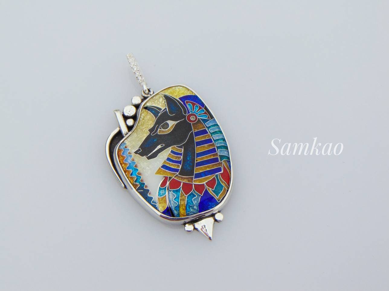 Anubis pendant,Cloisonne enamel,Vitreous enamel,Egyptian god pendant,Sterling silver