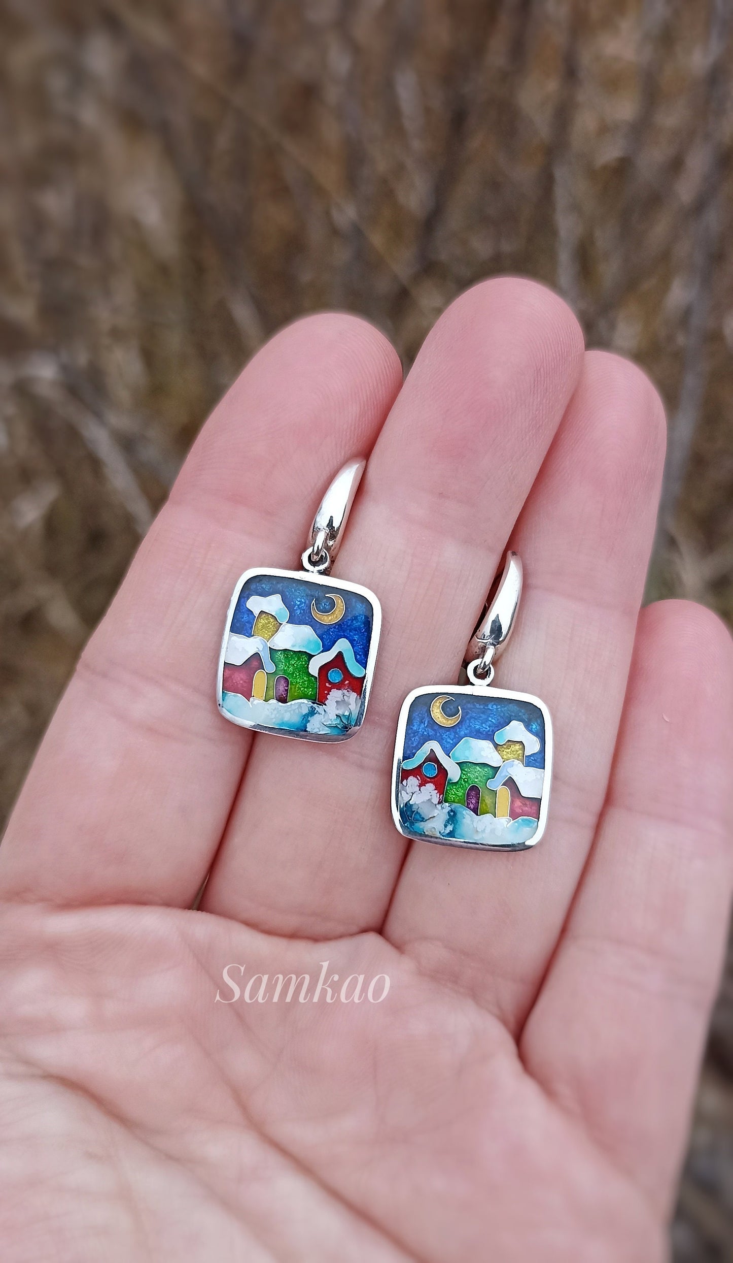 Cloisonne enamel earrings,Fine silver, Sterling silver, Snowy houses, Christmas jewelry,