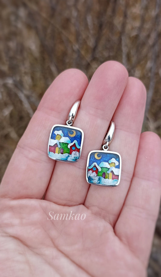 Cloisonne enamel earrings,Fine silver, Sterling silver, Snowy houses, Christmas jewelry,