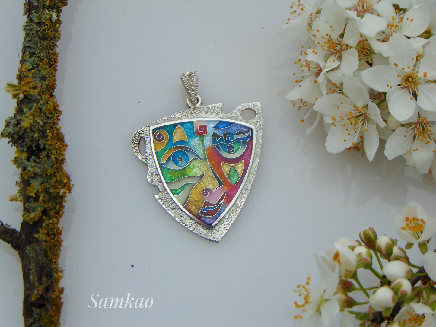 Cloisonne enamel pendant mask,Theatrical Mask, Venetian Mask,Gift for Actor, Theater Gift, Picasso inspired silver 999 pendant, Gift artist