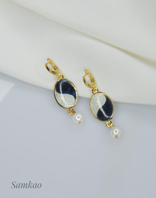 Gold Plated 24k  Black & White Enamel Earrings, Oval Dangle Earrings with Pearl Bead, Elegant Everyday Jewelry, Cloisonné Style