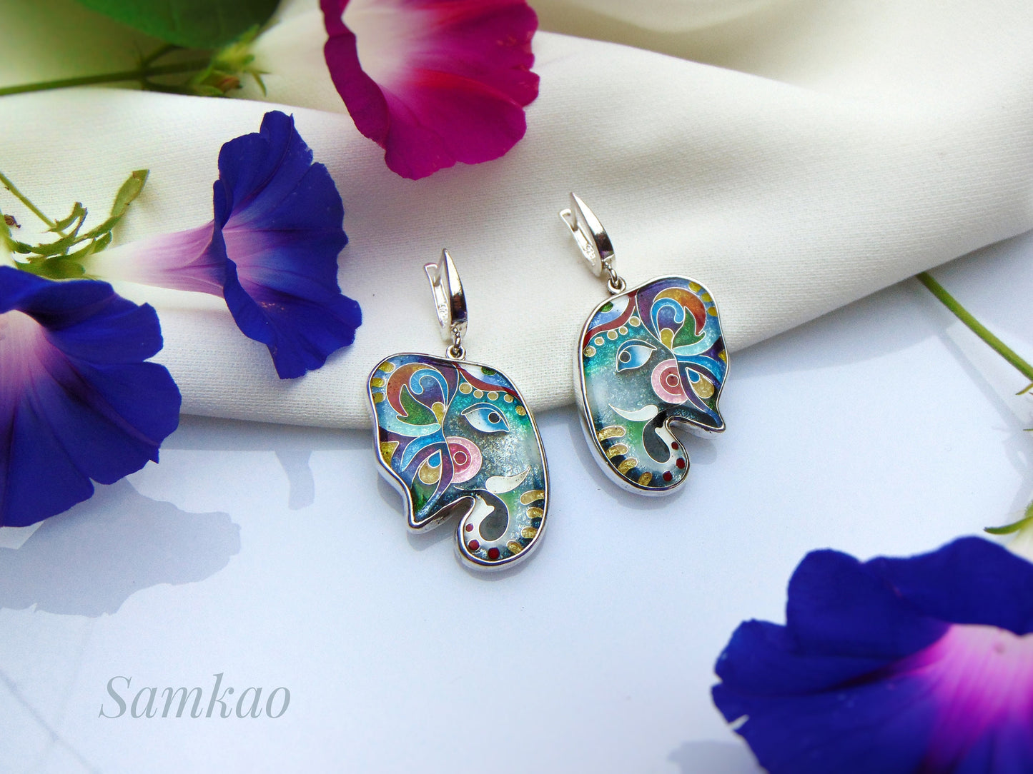 Elephant earrings,Cloisonne enamel,Sterling silver,Handmade jewelry,Silver 950,Gift for her,Elephant jewelry, Silver Animal Earrings