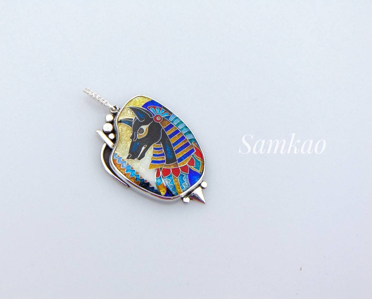 Anubis pendant,Cloisonne enamel,Vitreous enamel,Egyptian god pendant,Sterling silver