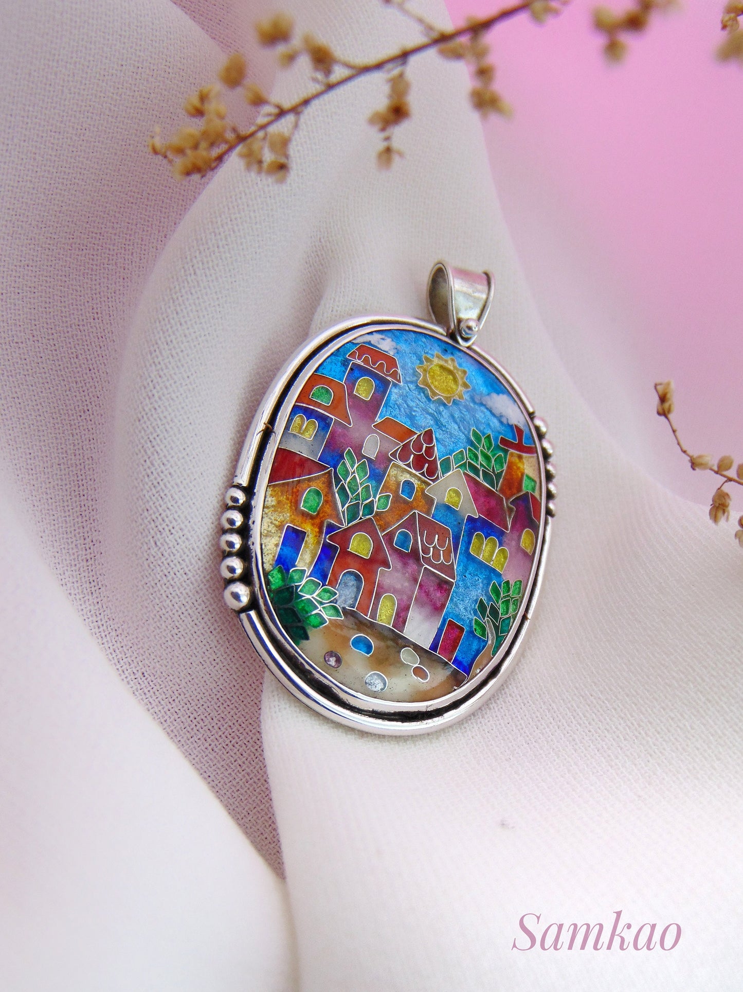 Pendant with colorful houses, Cloisonne enamel jewelry, one of a kind cloisonne enamel pendant, gift for her, Sterling silver