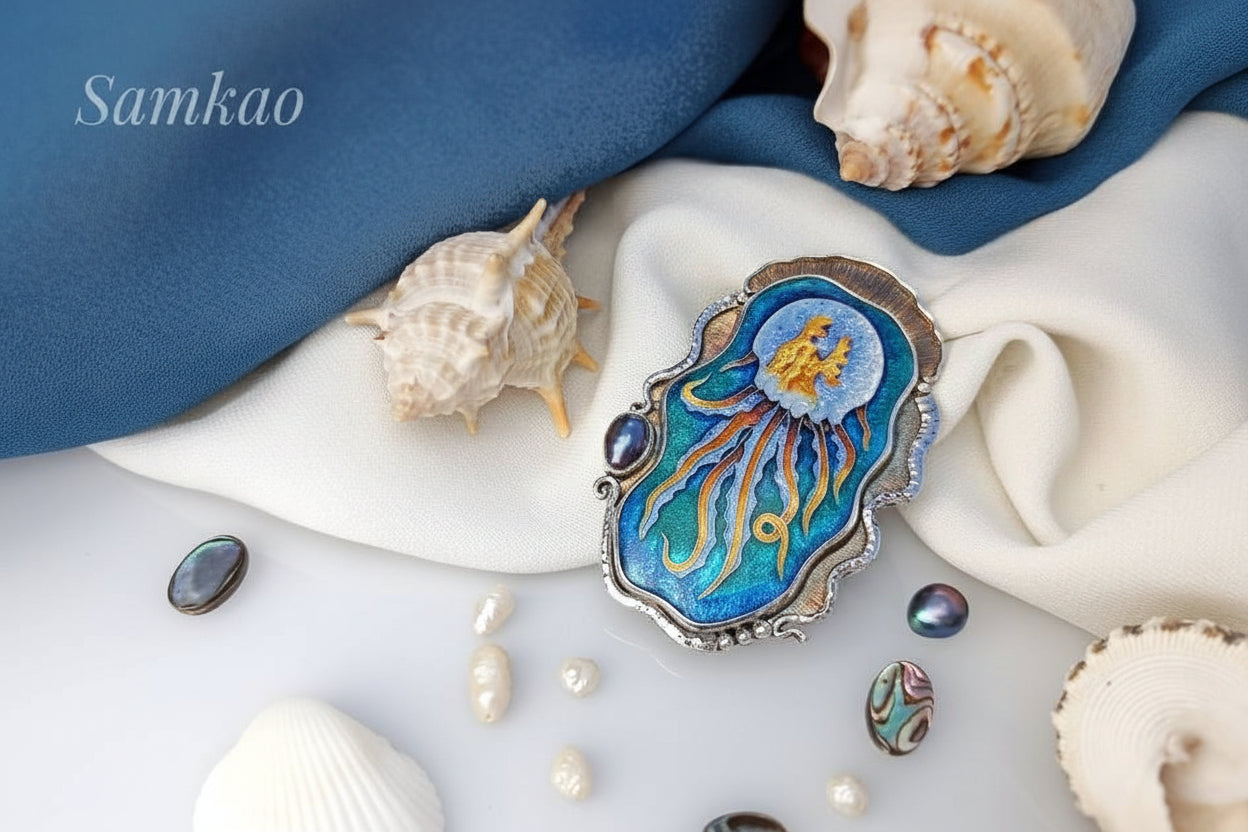 Jellyfish Brooch-pendant,Cloisonne Enamel Pendant,Handmade Sterling Silver jewelry,Sea Creatures jewelry, Mermaid jewelry,Black pearl