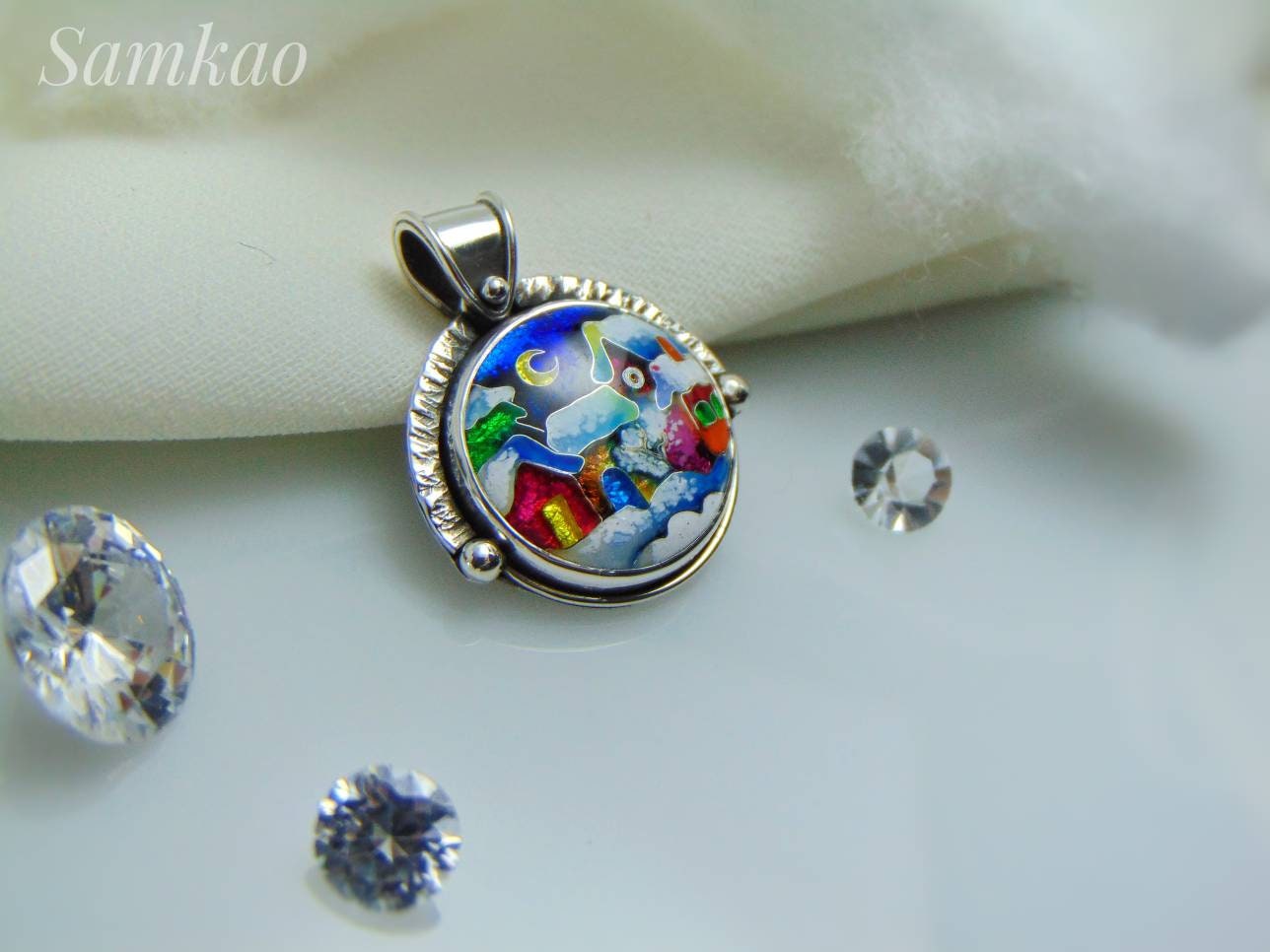 Snowy house pendant,Cloisonne enamel jewelry,Sterling silver, Christmas houses pendant, Handmade jewelry
