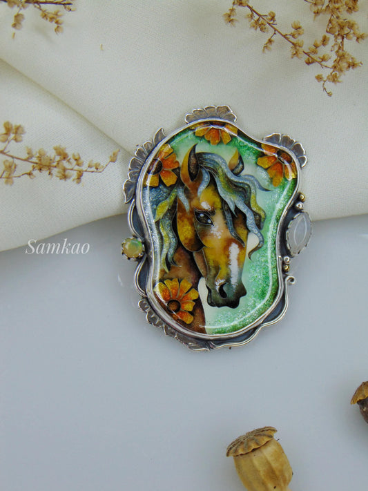 Horse pendant,Cloisonne enamel jewelry, Opals necklace, Horse lover gift, Sunflower pendant, Handmade Sterling silver jewelry