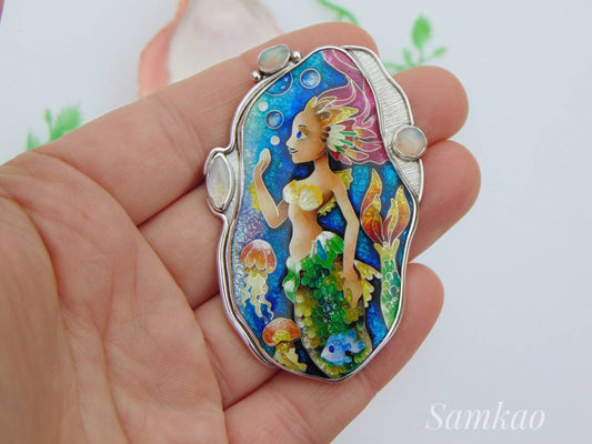 Mermaid pendant,Cloisonne enamel,Handmade jewelry,Sterling silver,Ethiopian opals,Moonstone,Ocean jewelry,Mermaid jewelry
