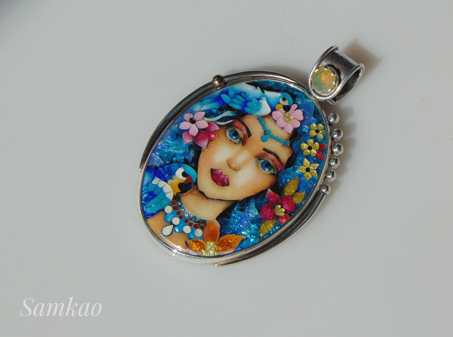 Magic Fairy with blue hair, Flower fairy necklace, Cloisonne enamel jewelry, Sterling silver,Opal,Parrot necklace