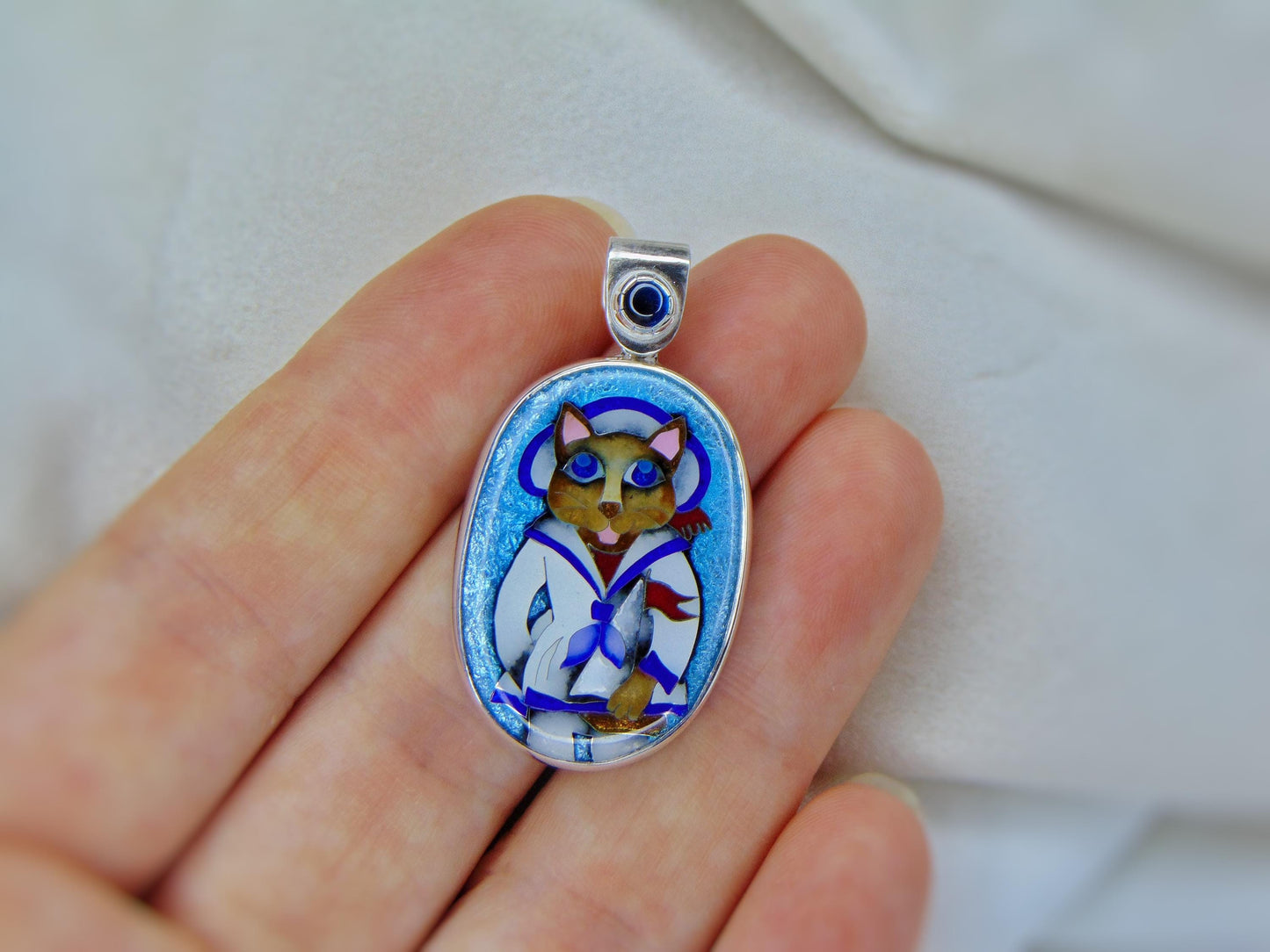Cloisonné Enamel Cat Sailor Pendant – Silver Frame with Blue Gemstone – Handmade Enamel Jewelry