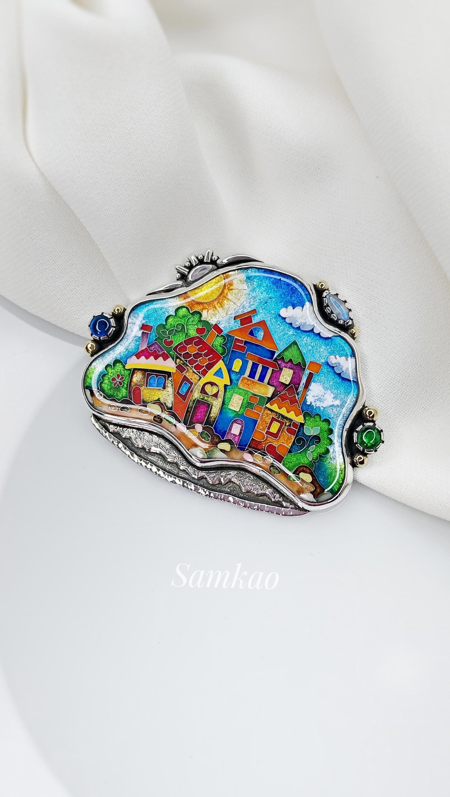 Cloisonne enamel pendant with colorful houses,Sterling silver setting,Handmade unique jewellery