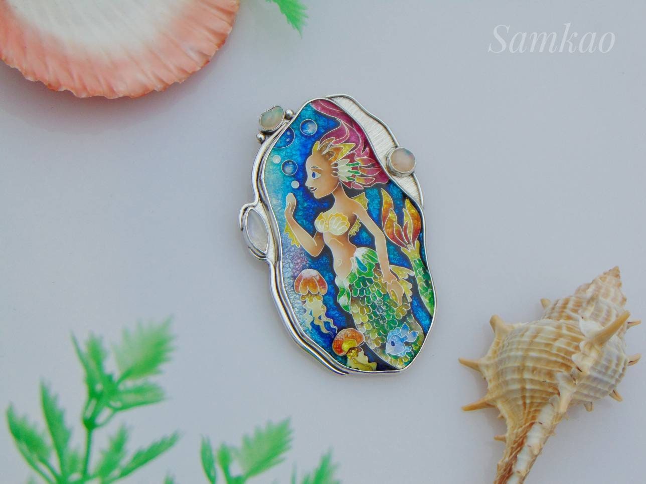 Mermaid pendant,Cloisonne enamel,Handmade jewelry,Sterling silver,Ethiopian opals,Moonstone,Ocean jewelry,Mermaid jewelry