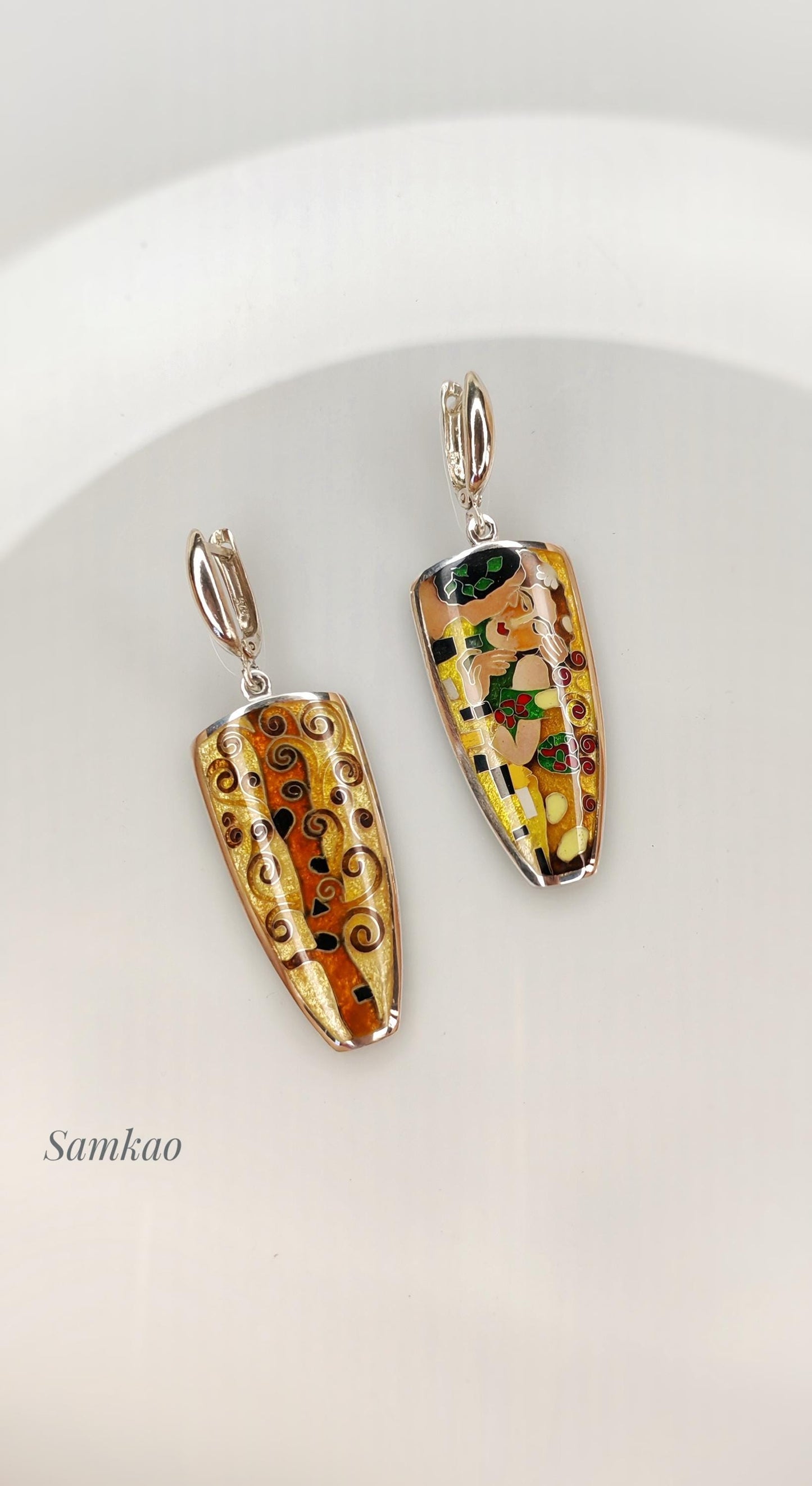 Gustav Klimt ,The kiss jewelry , Earrings with Art,Cloisonne enamel jewelry, Sterling silver 999, Gift for her
